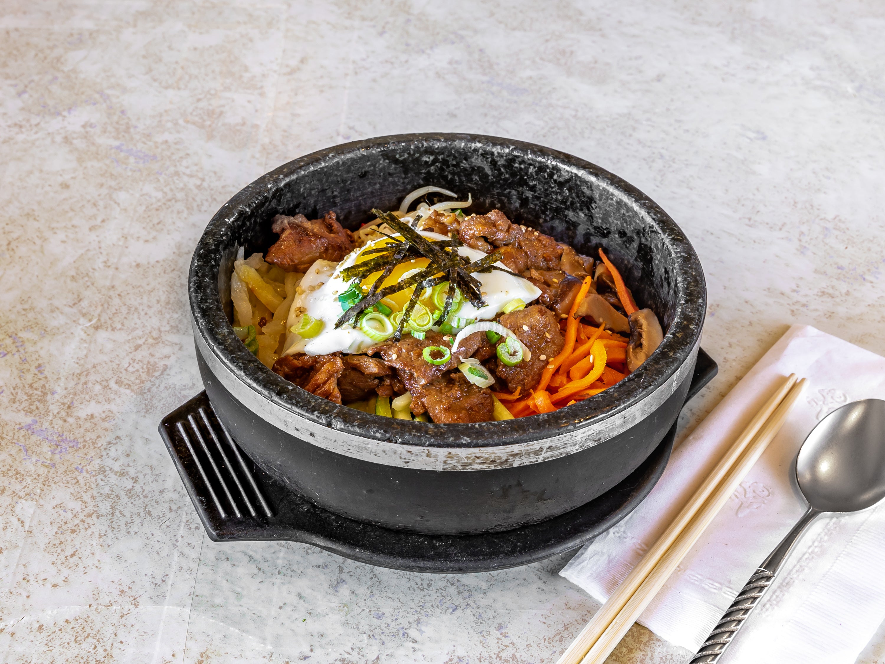 Marinated Pork Dolsot Bi Bim Bap<br>돼지갈비 돌솥 비빔밥